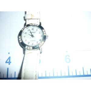 Rumours Womens Quartz White Leather Band Rhinestone Bezel Dress Watch